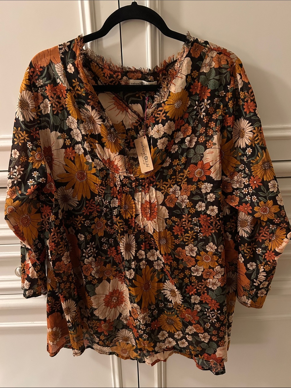 NWT NATURAL LIFE Black Button-Down Shirt with Yellow & Cream Floral Print